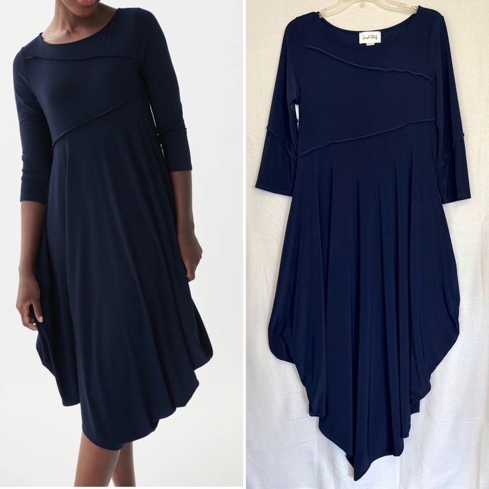 Joseph Ribkoff Lagenlook Navy Dress Cocoon Skirt Three Quarter Sleeve Sz 6